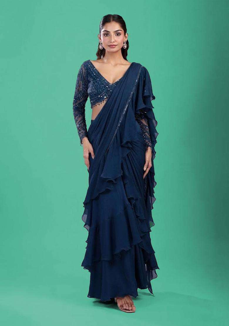 Navy Blue Hand Work Chinon Pre Draped Saree Set - Indya