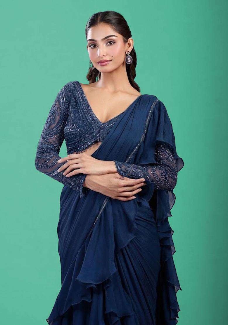 Navy Blue Hand Work Chinon Pre Draped Saree Set - Indya