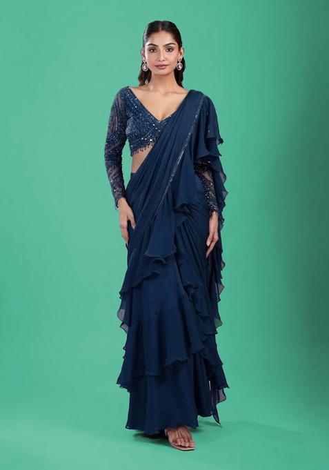 Navy Blue Hand Work Chinon Pre Draped Saree Set