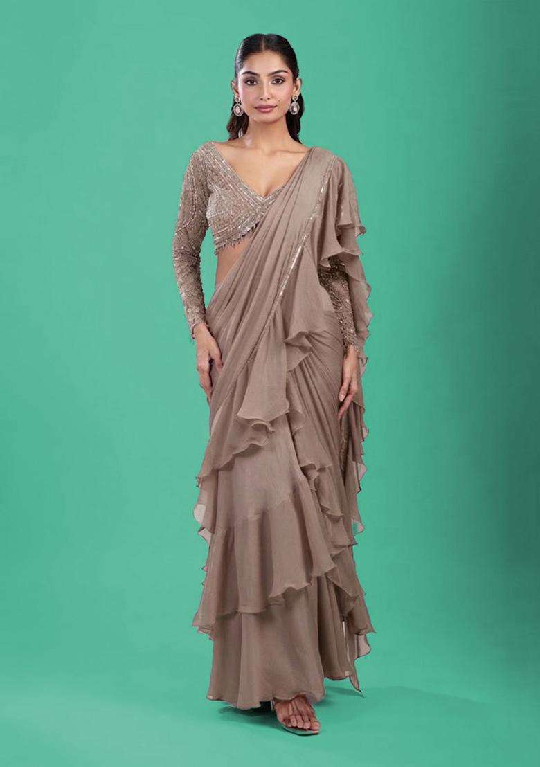 Beige Hand Work Chinon Pre Draped Saree Set - Indya