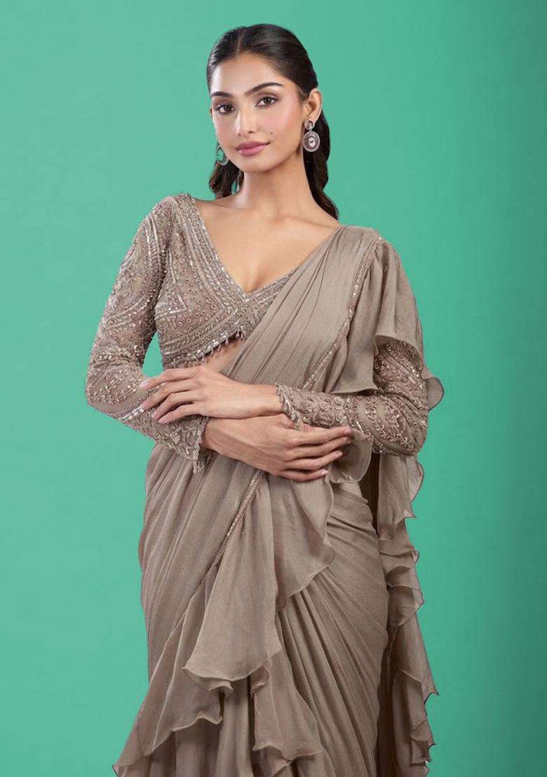 Beige Hand Work Chinon Pre Draped Saree Set - Indya