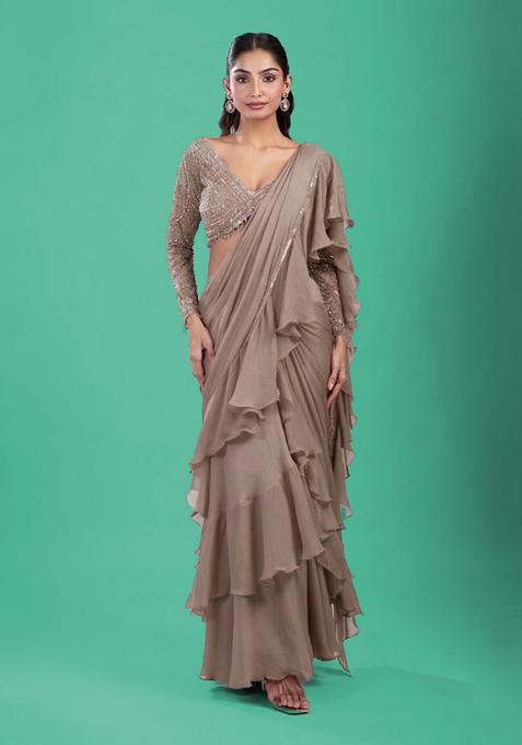 Beige Hand Work Chinon Pre Draped Saree Set