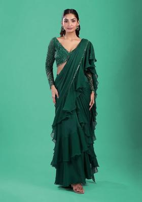 Bottle Green Hand Work Chinon Pre Draped Saree Set