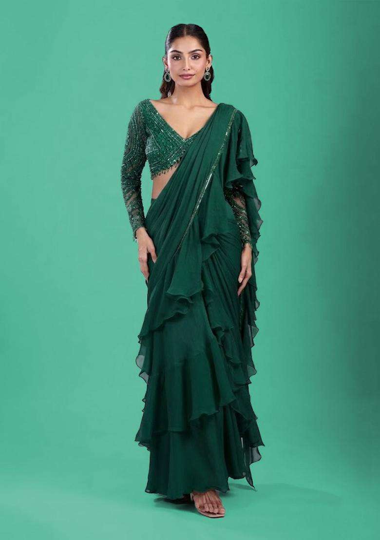Bottle Green Hand Work Chinon Pre Draped Saree Set - Indya
