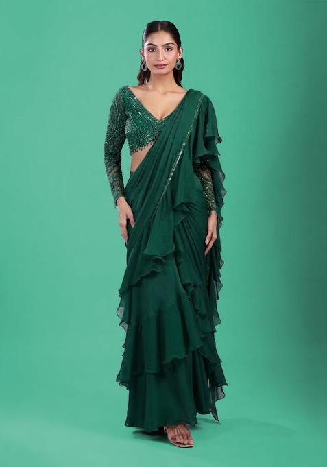 Bottle Green Hand Work Chinon Pre Draped Saree Set