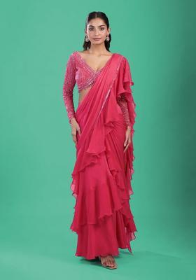 Rani Pink Hand Work Chinon Pre Draped Saree Set