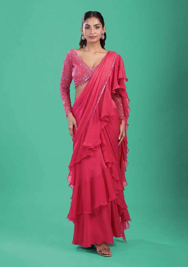 Rani Pink Hand Work Chinon Pre Draped Saree Set - Indya