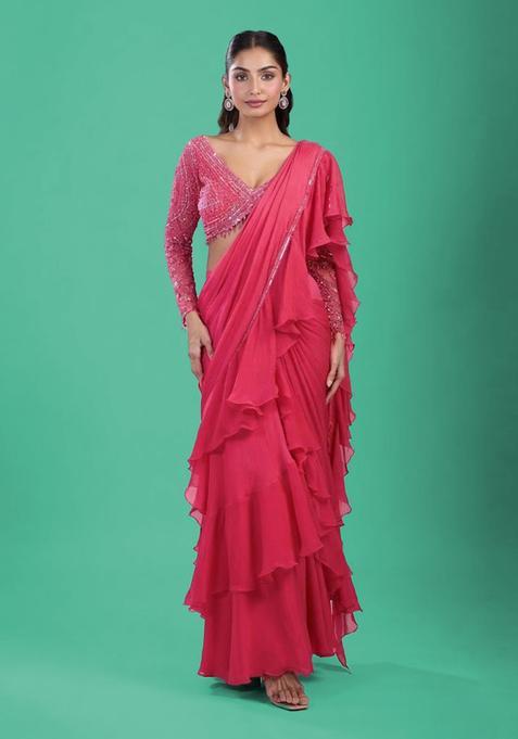 Rani Pink Hand Work Chinon Pre Draped Saree Set
