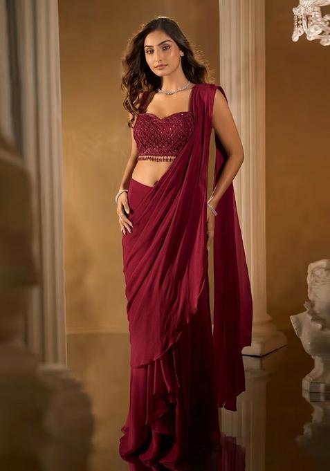 Maroon Hand Work Chinon Pre Draped Saree Set