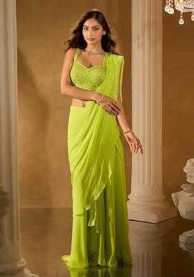 Lime Green Hand Work Chinon Pre Draped Saree Set