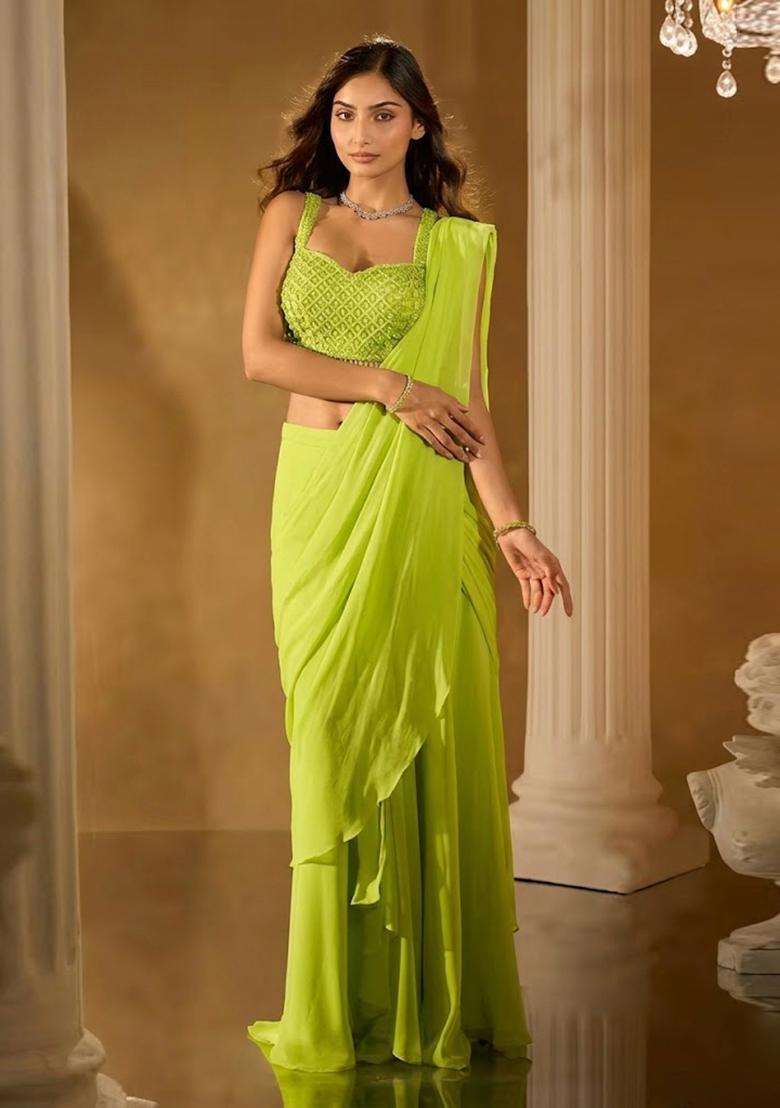 Lime Green Hand Work Chinon Pre Draped Saree Set - Indya