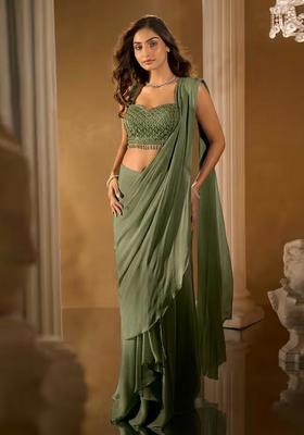 Olive Green Hand Work Chinon Pre Draped Saree Set