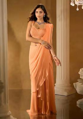 Peach Hand Work Chinon Pre Draped Saree Set