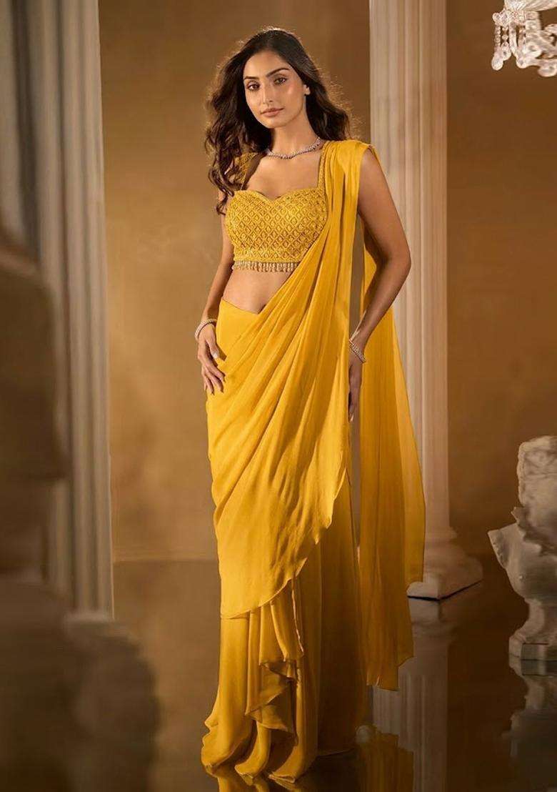 Mustard Hand Work Chinon Pre Draped Saree Set - Indya