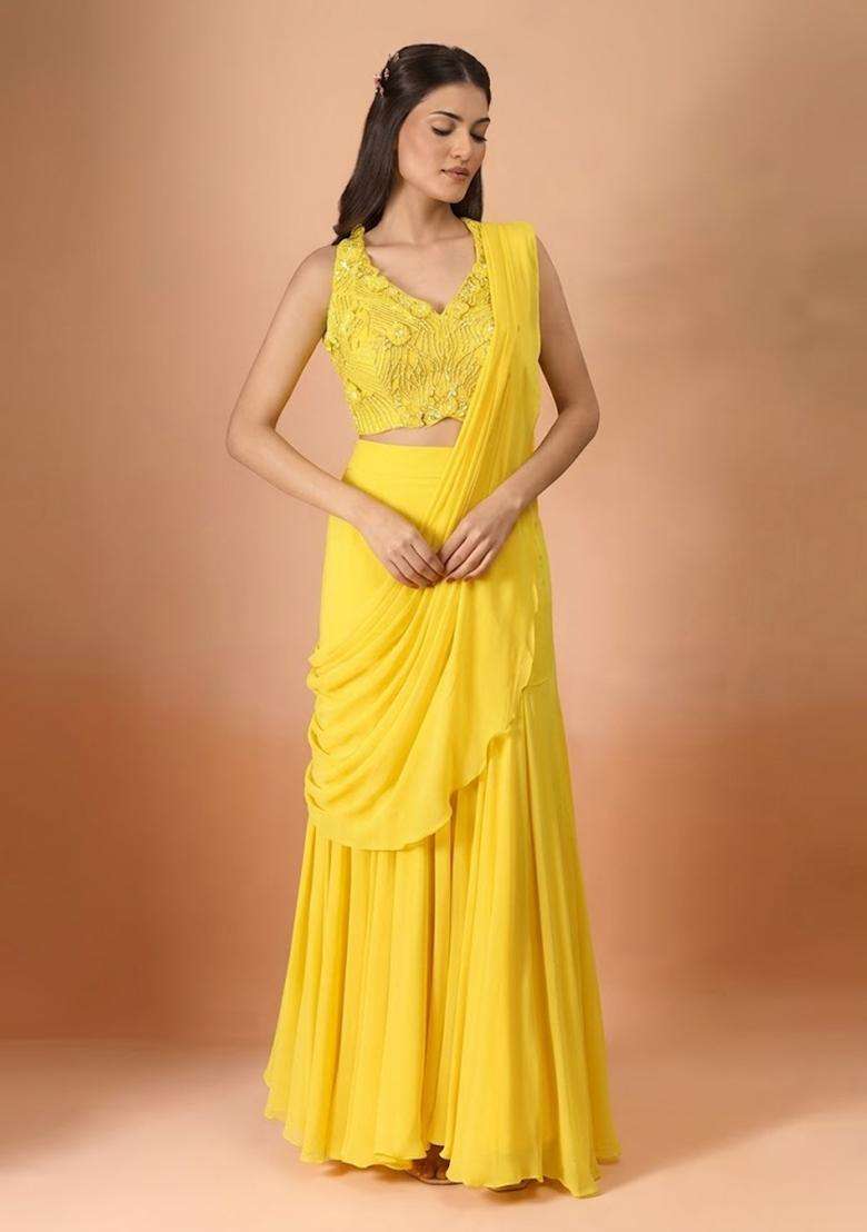 Yellow Hand Work Chinon Pre Draped Saree Set - Indya