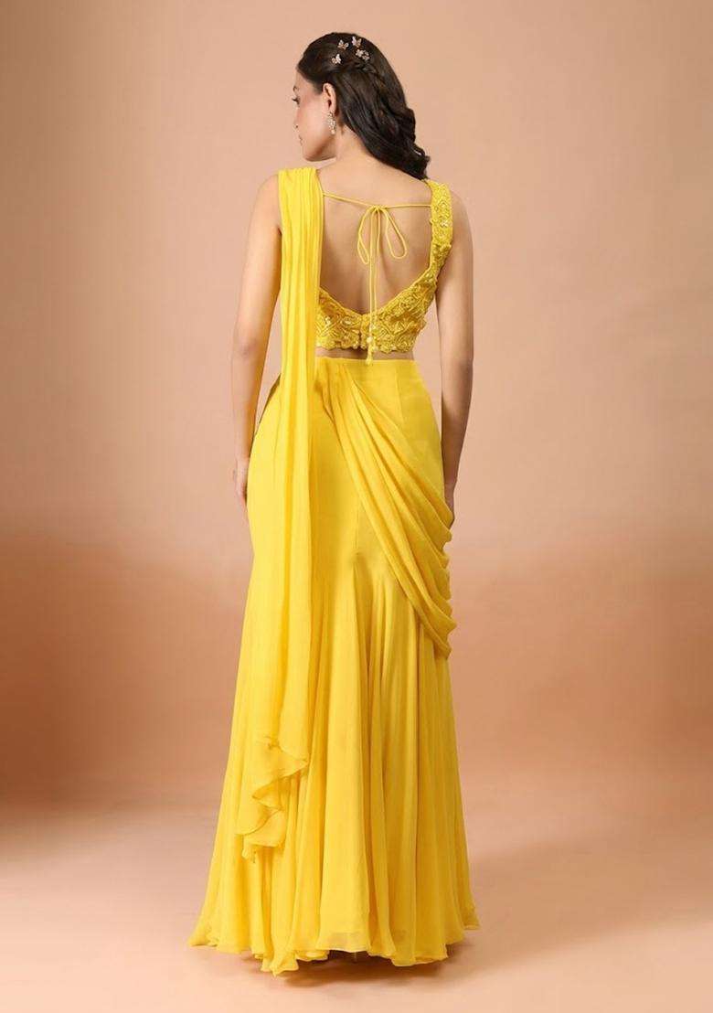 Yellow Hand Work Chinon Pre Draped Saree Set - Indya