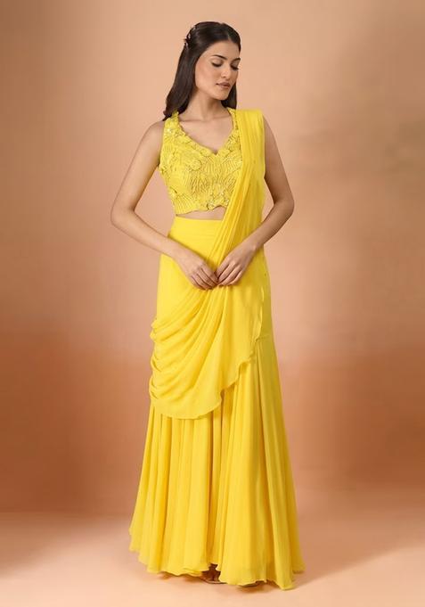 Yellow Hand Work Chinon Pre Draped Saree Set