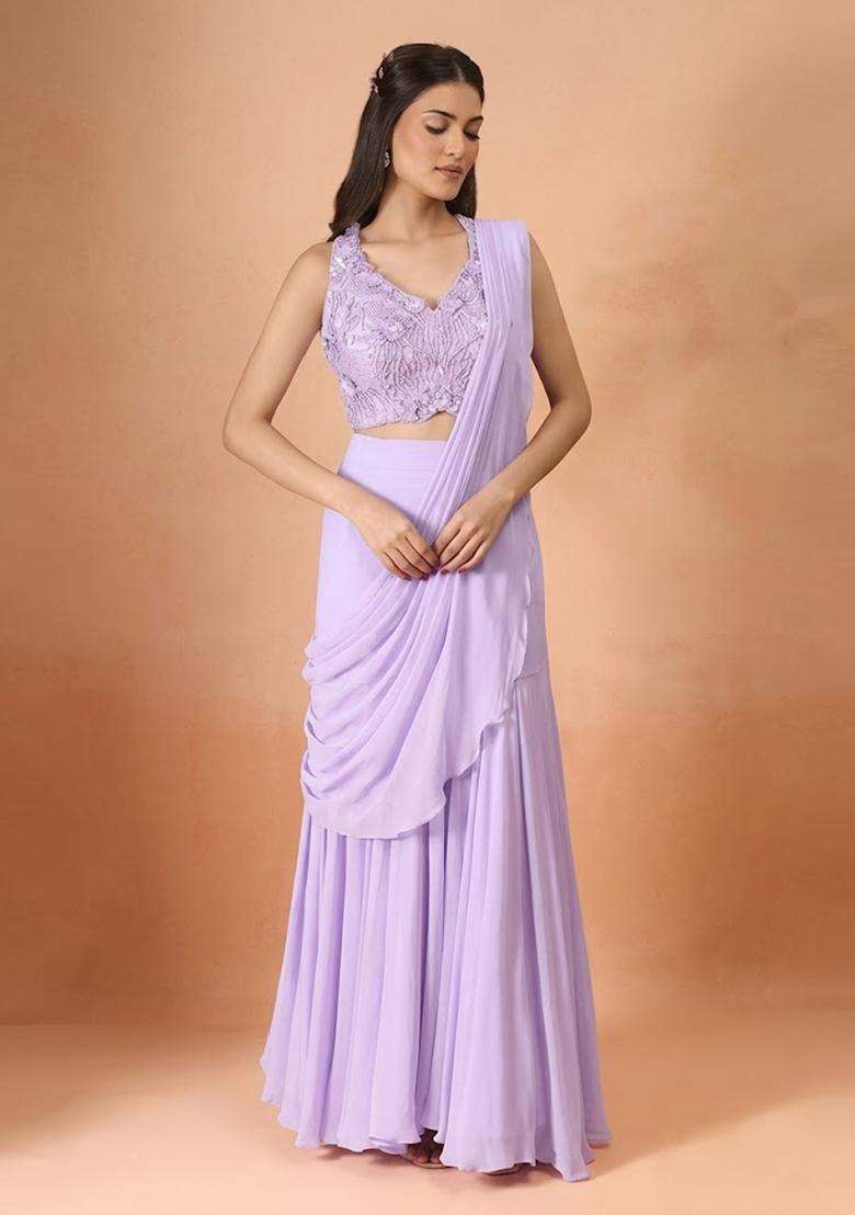 Lavender Hand Work Chinon Pre Draped Saree Set - Indya