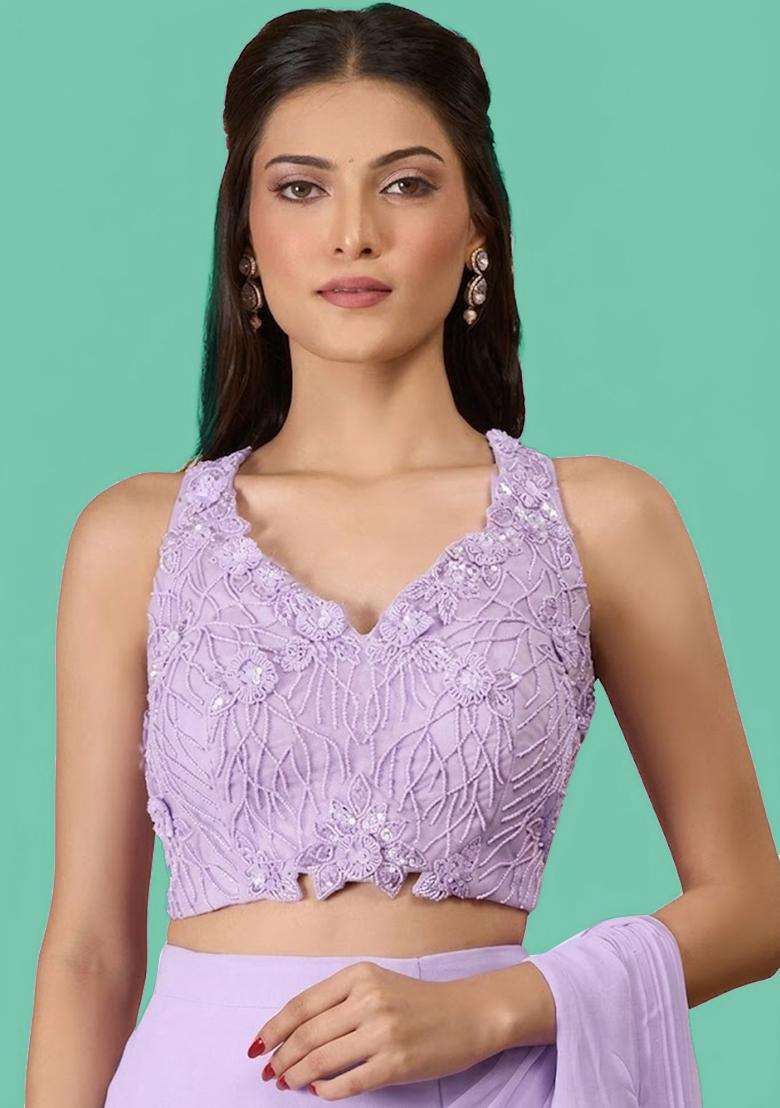 Lavender Hand Work Chinon Pre Draped Saree Set - Indya