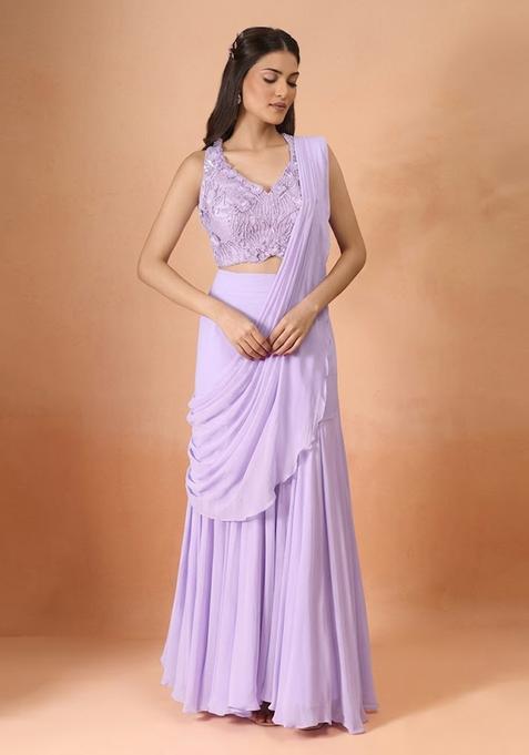 Lavender Hand Work Chinon Pre Draped Saree Set