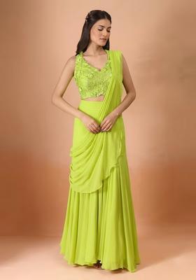Lime Green Hand Work Chinon Pre Draped Saree Set