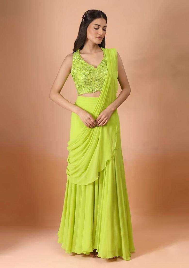 Lime Green Hand Work Chinon Pre Draped Saree Set - Indya