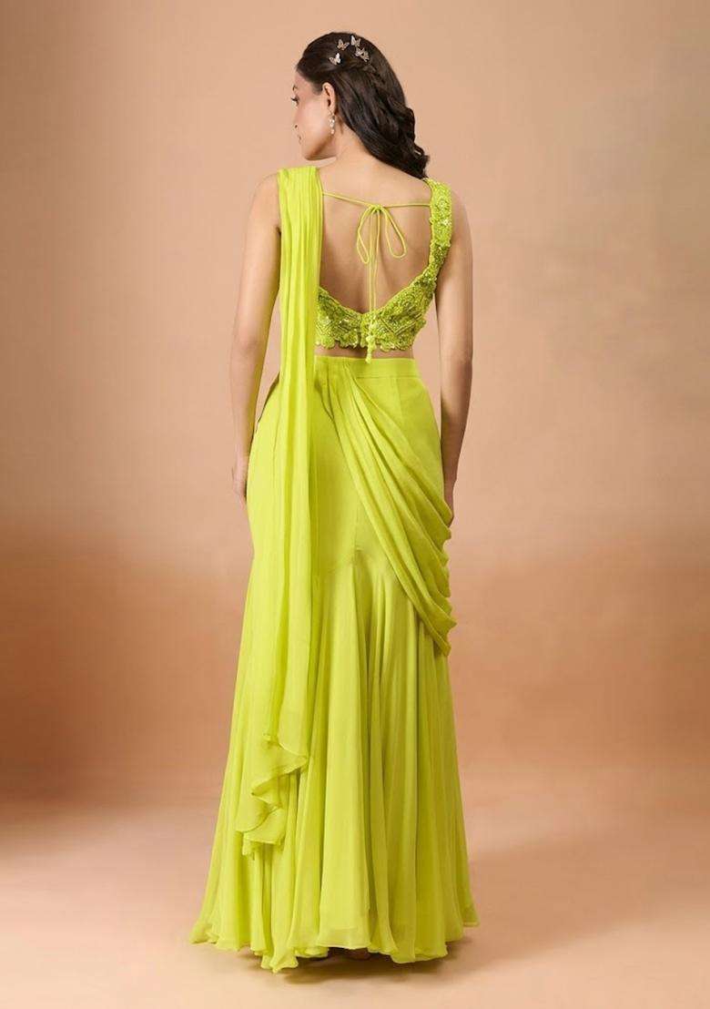 Lime Green Hand Work Chinon Pre Draped Saree Set - Indya