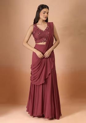 Wine Hand Work Chinon Pre Draped Saree Set