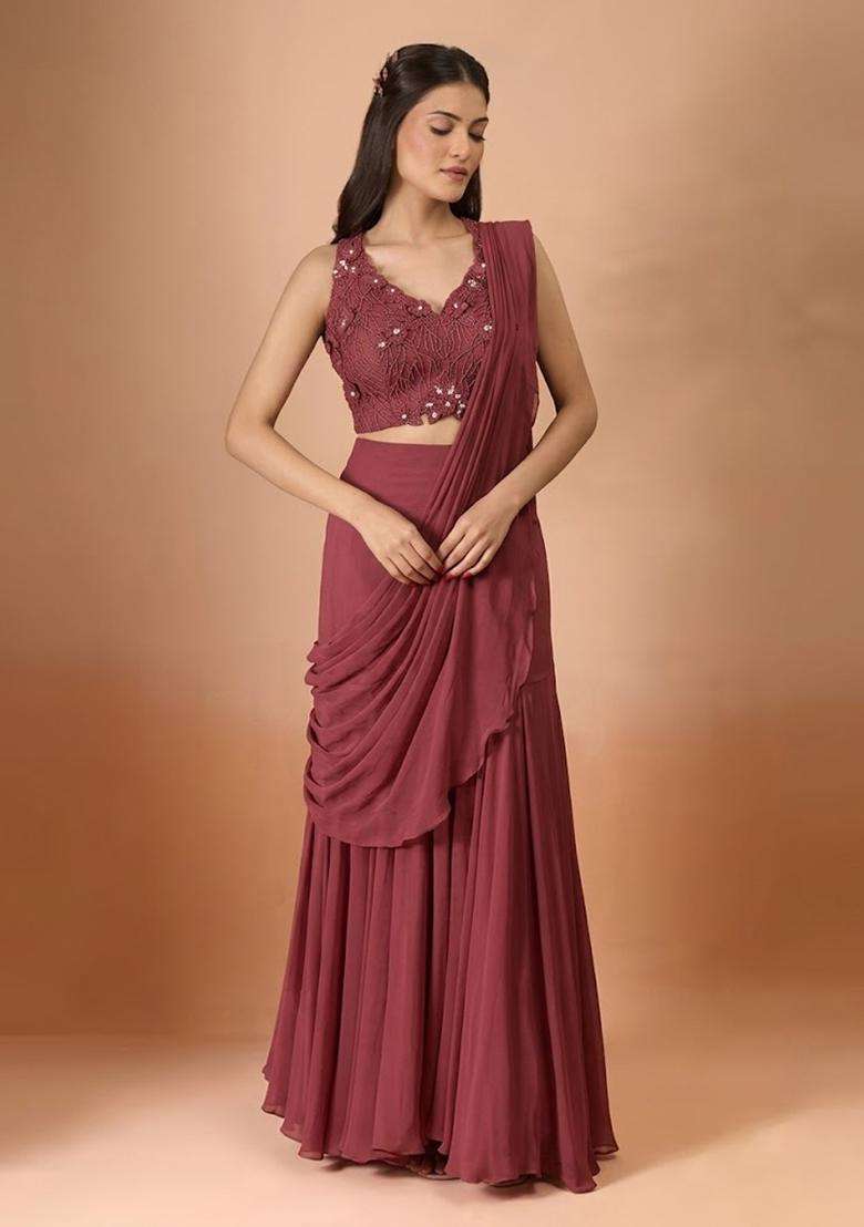 Wine Hand Work Chinon Pre Draped Saree Set - Indya