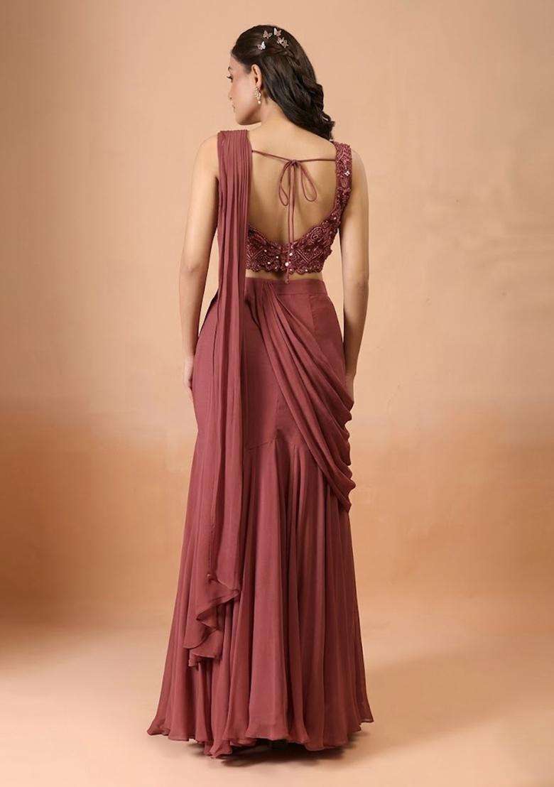 Wine Hand Work Chinon Pre Draped Saree Set - Indya
