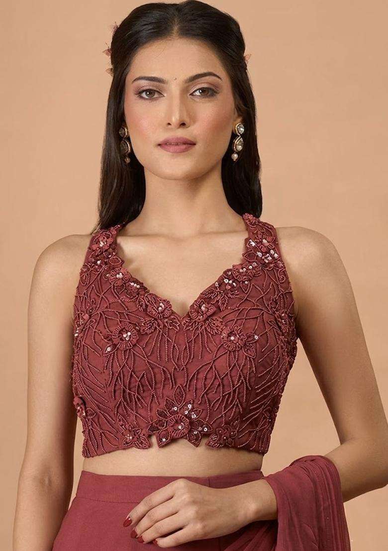 Wine Hand Work Chinon Pre Draped Saree Set - Indya