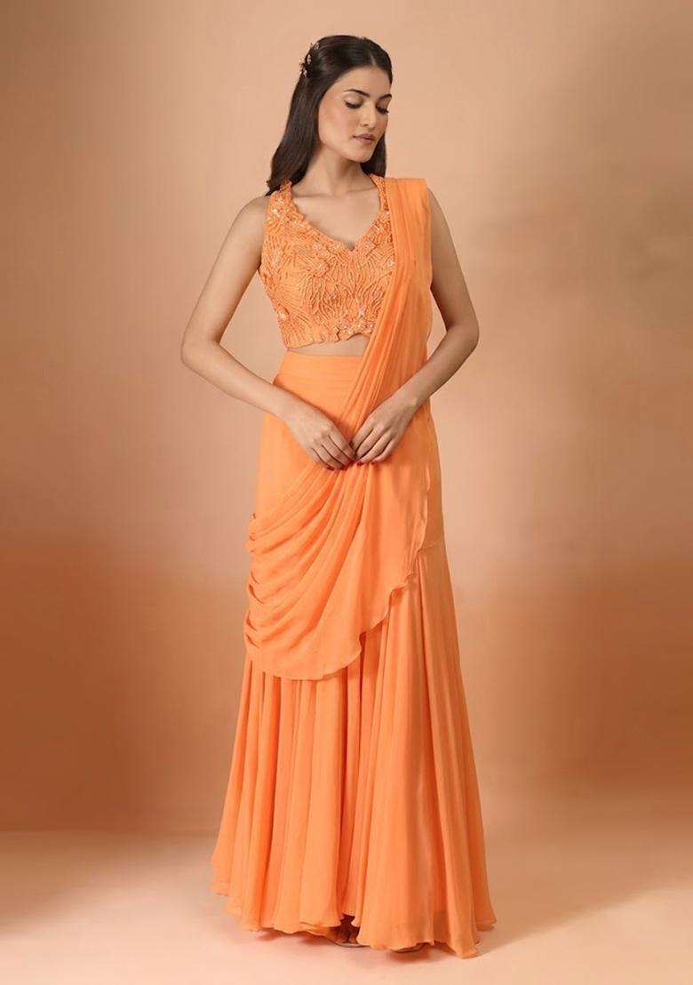 Soft Orange Hand Work Chinon Pre Draped Saree Set - Indya