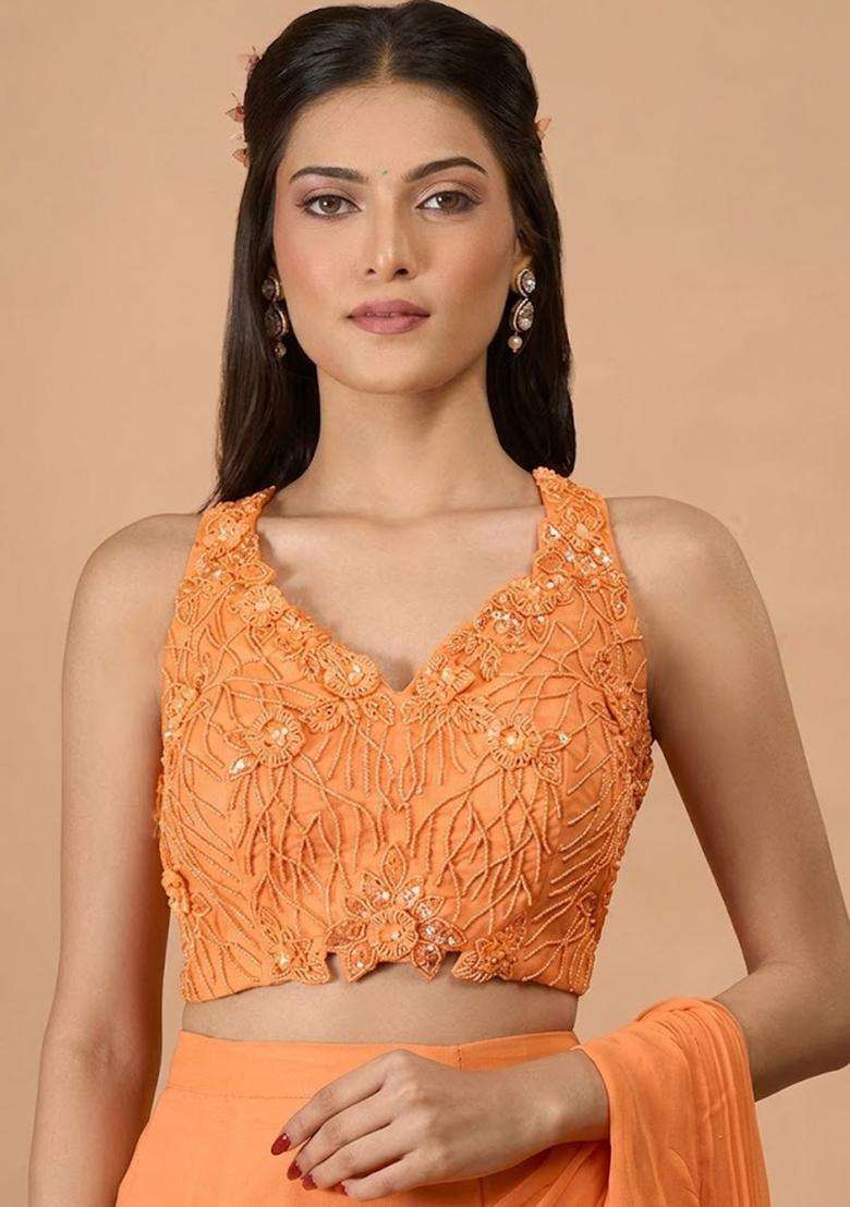 Soft Orange Hand Work Chinon Pre Draped Saree Set - Indya