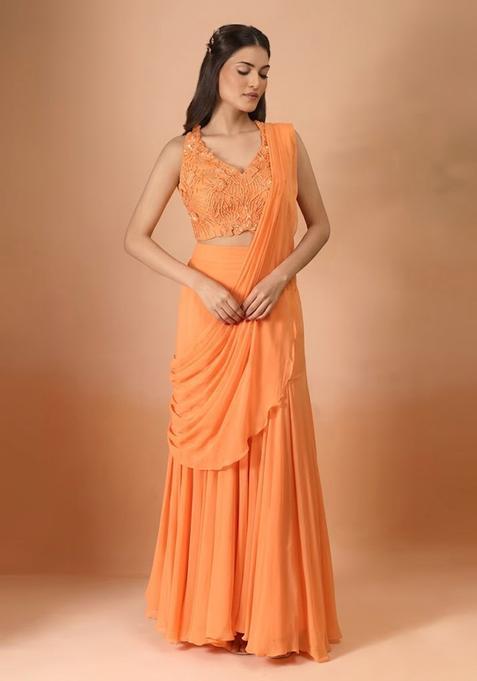 Soft Orange Hand Work Chinon Pre Draped Saree Set