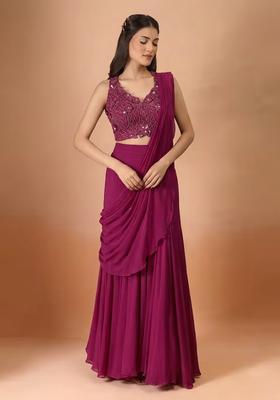 Magenta Hand Work Chinon Pre Draped Saree Set