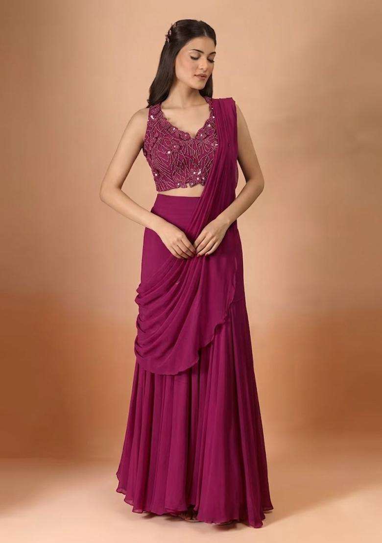 Magenta Hand Work Chinon Pre Draped Saree Set - Indya