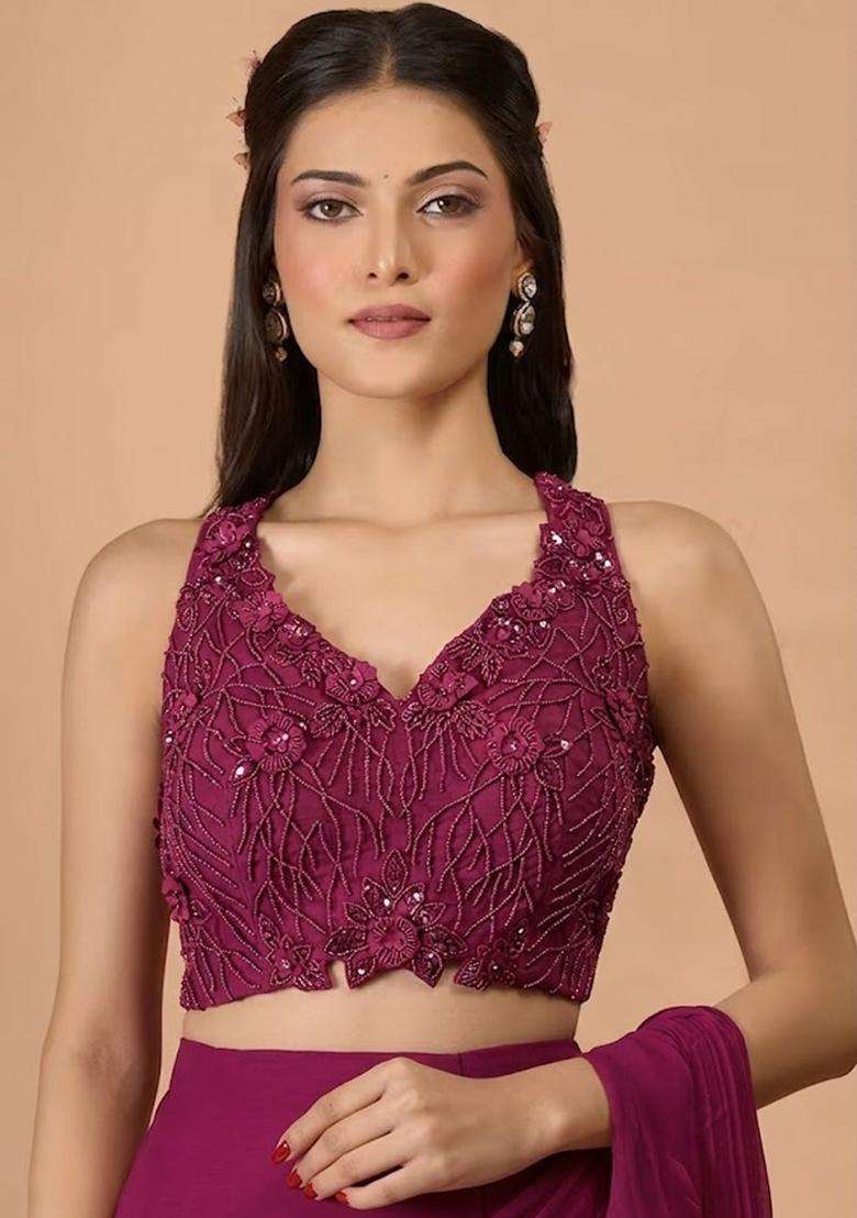Magenta Hand Work Chinon Pre Draped Saree Set - Indya