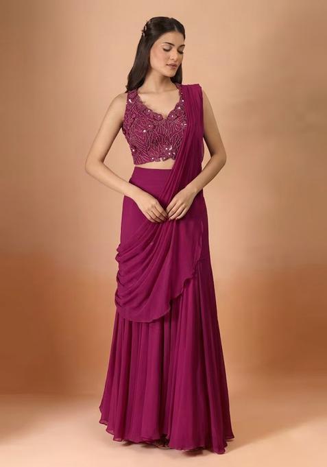 Magenta Hand Work Chinon Pre Draped Saree Set