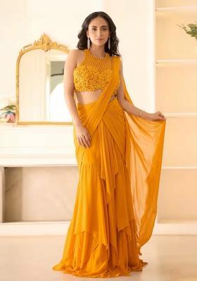 Mustard Hand Work Chinon Pre Draped Saree Set