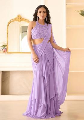 Lavender Hand Work Chinon Pre Draped Saree Set