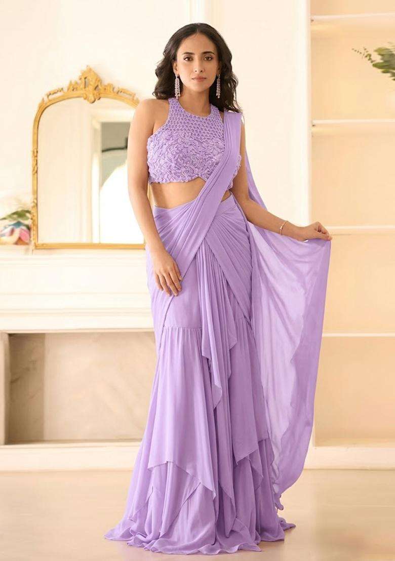 Lavender Hand Work Chinon Pre Draped Saree Set - Indya