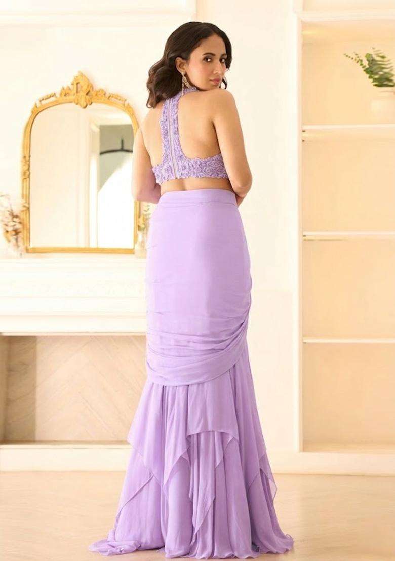 Lavender Hand Work Chinon Pre Draped Saree Set - Indya