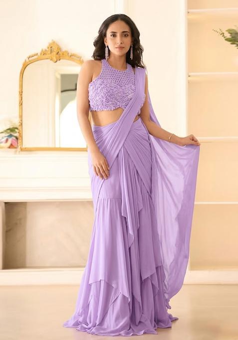 Lavender Hand Work Chinon Pre Draped Saree Set