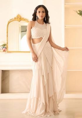 Ivory Hand Work Chinon Pre Draped Saree Set