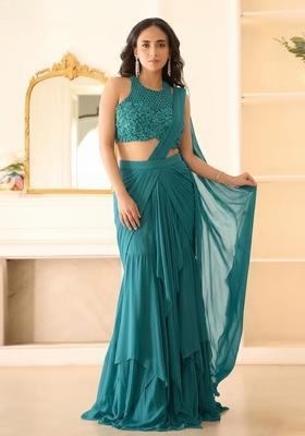 Teal Green Hand Work Chinon Pre Draped Saree Set