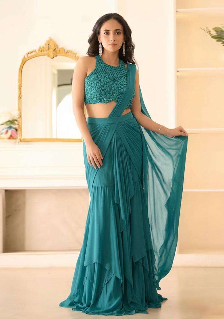 Teal Green Hand Work Chinon Pre Draped Saree Set - Indya