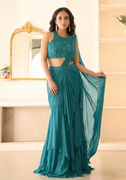 Teal Green Hand Work Chinon Pre Draped Saree Set