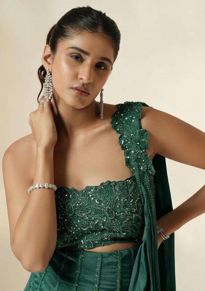 Emerald Green Hand Work Chinon Pre Draped Saree Set - Indya