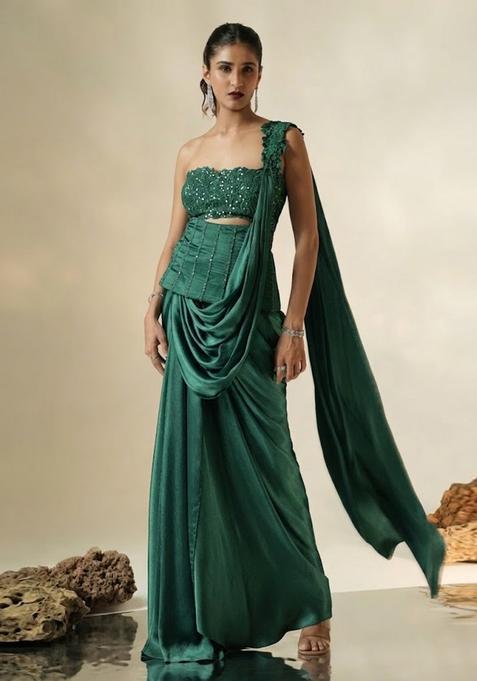 Emerald Green Hand Work Chinon Pre Draped Saree Set