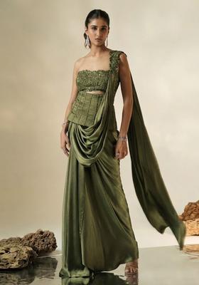 Olive Green Hand Work Chinon Pre Draped Saree Set